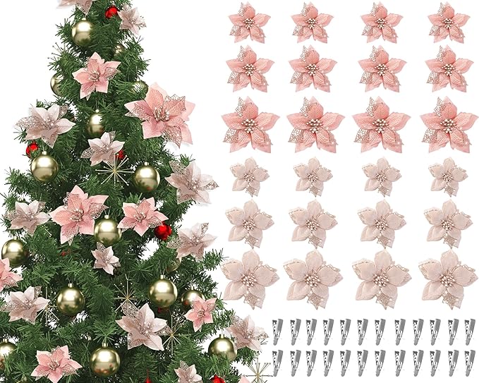 Boao 24 Pieces Christmas Artificial Glitter Poinsettia Flowers Xmas Flowers Wedding Christmas Tree New Year Ornaments(Champagne and Rose Gold)