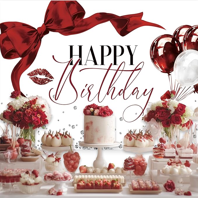 Burgundy Bow Backdrop 8Wx6H Photography Girls Coquette Happy Birthday Decorations Lips Diamond Balloons Background Women Bachelorette Party Decorations Banner Photo Booth Props Supplies