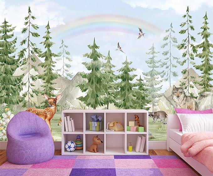 Forest Animals Kids Wallpaper Peel and Stick Nursery Pine Tree Self Adhesive Wall Mural for Children's Room Bedroom 157"x108"