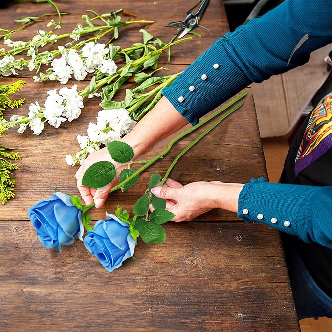 Blue Artificial Roses with Long Stems, 12Pcs Realistic Roses Artificial Flowers, Faux Roses | Bulk Fake Flowers for Home Decor, Wedding Party Table Centerpieces, DIY Bouquet