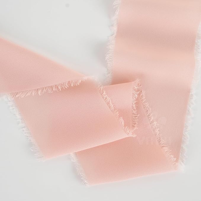 MEEDEE Blush Chiffon Ribbon 3 Inch Fringe Ribbons Pink Chiffon Silk Frayed Edge Ribbon Wide Chiffon Ribbons for Crafts, Flower Bouquet, Wedding Favors Wrapping (2 Rolls 10 Yards)