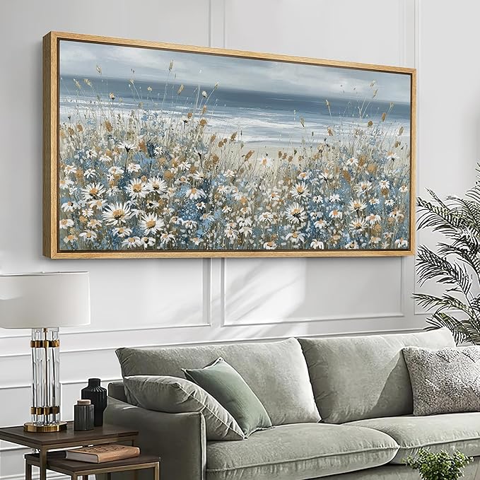 SIGNFORD Extra Large Framed Canvas Print Wall Art Coastal Wildflowers Beach Meadow Landscape llustrations Modern Art Relax/Calm Warm for Living Room, Bedroom, Office - 60"x30"