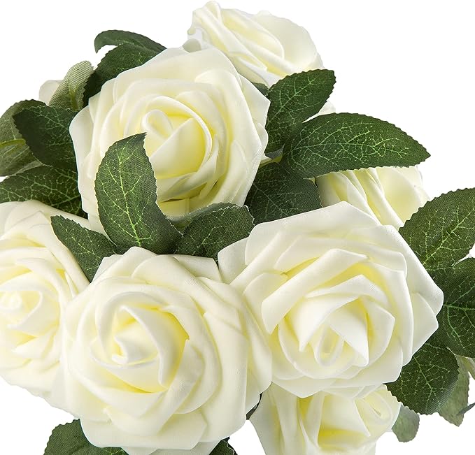Artificial Flower Foam Rose 25pcs Real Looking Fake Rose with Stems Leaves for Home Decoration Party Garden Centerpieces DIY Wedding Bouquets（Ivory White）