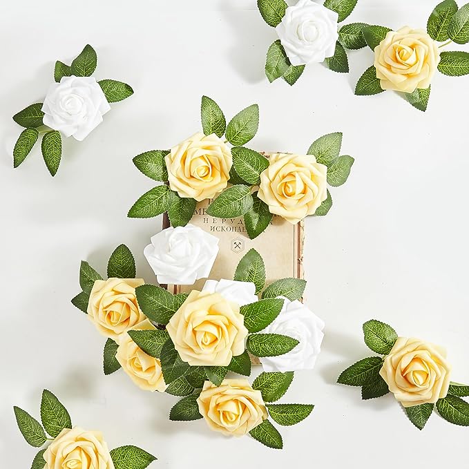 Artificial Flowers, 50pcs Yellow and White Artificial Rose for DIY Wedding Bouquets Centerpieces Arrangements, Fake Flower with Stems for Party Home Decorations