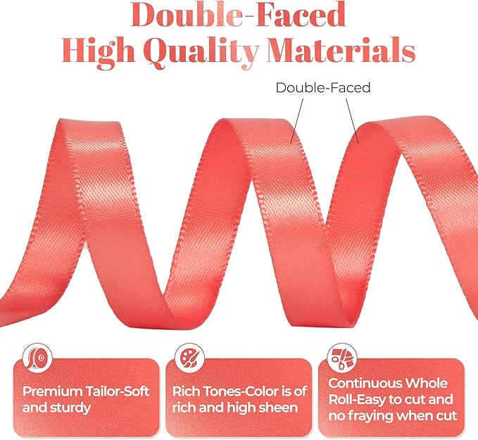 Coral Satin Ribbon, Double Faced 3/8 Inch X 25 Yards Coral Ribbon, for Gift Wrapping, Crafts, Hair Bow Making, Sewing, Flower Bouquet, Wedding Party Decor