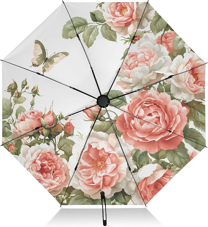 Automatic Folding Umbrella Windproof Strong, UV Protection Compact Floral Hydrangea Hummingbird Sun Rain Sun Rain Travel Umbrellas for Women Men