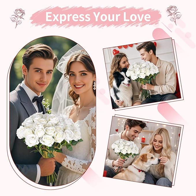 102 PCS White Roses Artificial Flowers, Fake White Roses Bouquet,White Artificial Silk Roses with Stems for Wedding Flowers Decoration, Valentines Day Mothers Day, Bridal Bouquet Roses