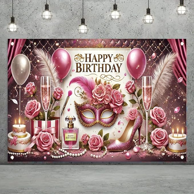 High Heel Birthday Party Backdrop, Glamorous Pink Gold High Heel Shoe Glitters, Polyester Fabric, Ideal for Women's Birthday Parties