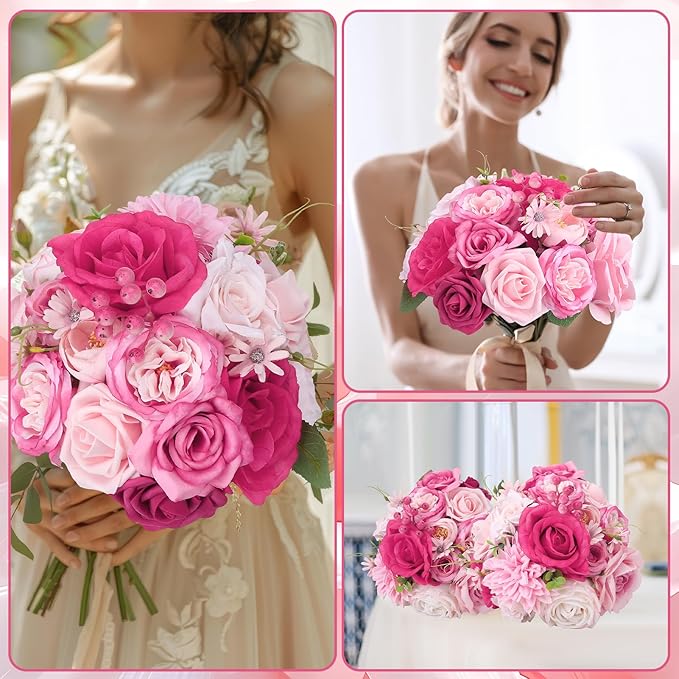 Jspupifip Pink, Hot Pink Artificial Flowers Combo Box Fake Silk Roses with Stems Hydrangea Peony Arrangement for Bridal Shower Boho DIY Wedding Cake White Flowers Table Decorations