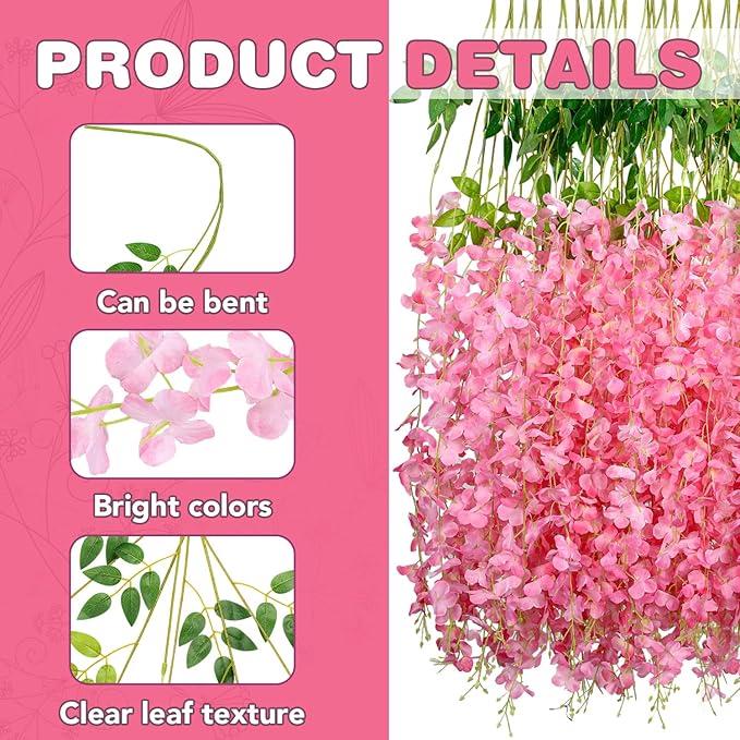 Wisteria Hanging Flowers,Fake Hanging Flowers,Wisteria artificiales Garland for Home Wedding Arch Floral Party Garden Ceremony Outdoor Decor,3.6 feet Long(48,Pink)