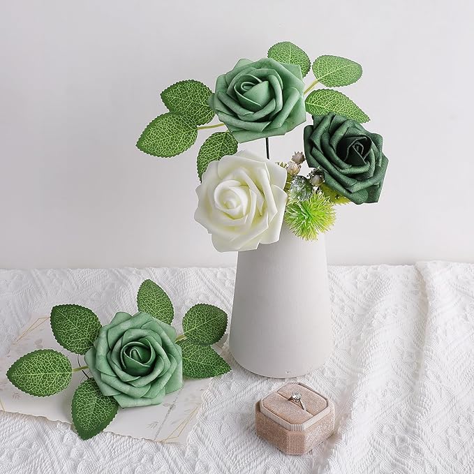 AmyHomie 25pcs Real Looking Artificial Shades of Forest Roses w/Stem for DIY Wedding Bouquets Centerpieces Arrangements Party Baby Shower Valentines Day Christmas Tree Decorations