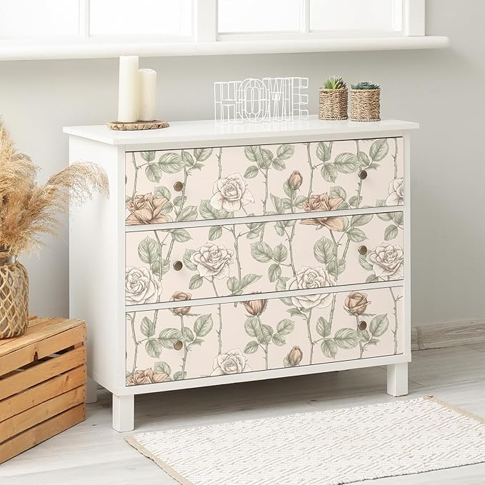 VaryStyle Vintage Beige Floral Wallpaper Elegant Rose Branches Flower Peel and Stick Wallpaper for Bedroom Bathroom 17.7"x118" Self Adhesive Waterproof Vinyl Beige Contact Paper for Cabinets Drawers