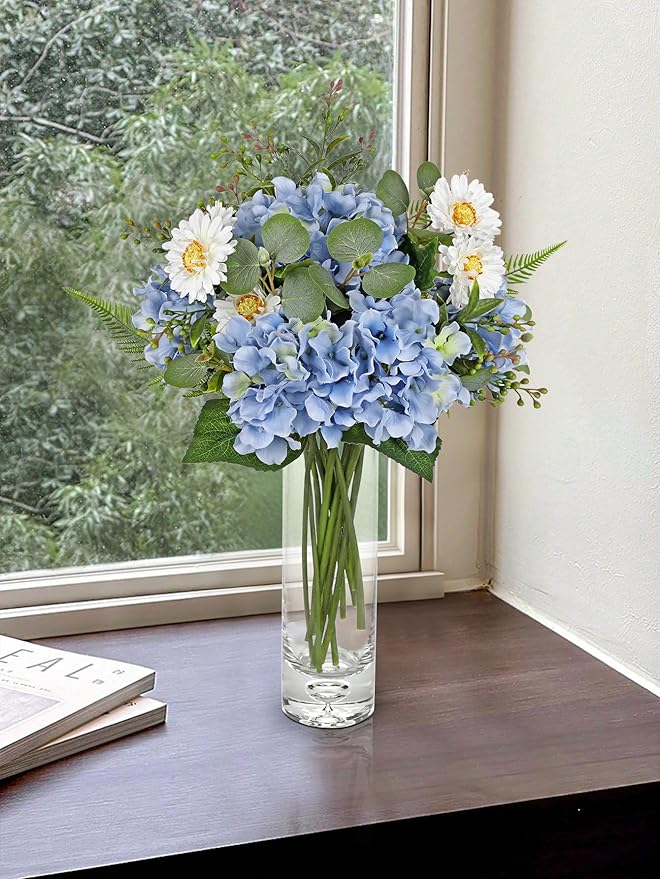 Hydrangea artificial Flowers 12PCS Blue Fake Flowers Long Stems Faux Hydrangea Daisies Silk Arrangements Realistic Faux Flowers for Vase Floral Centerpiece Wedding Bridal Bouquet Party Home Decor