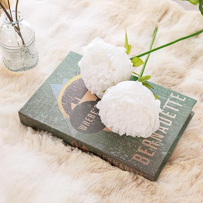 U'Artlines Artificial Peony Silk Flower with Stems 10pcs Real Look Vintage Peonies for Home Wedding Decoration(Pure White)