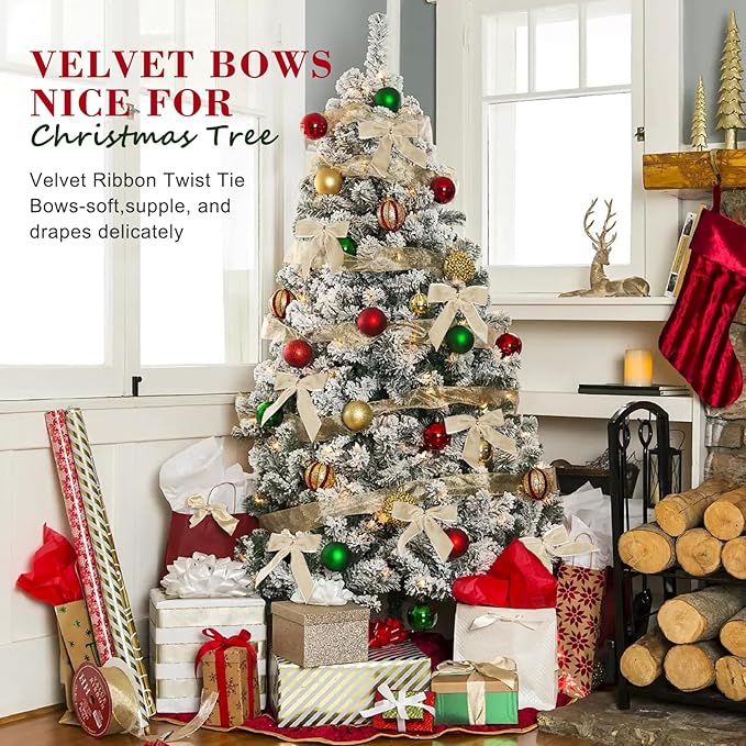24 Pcs Champagne Small Velvet Christmas Bows for Christmas Tree, Wreath, Gift Wrapping, Crafts, Wedding, Party, Twist Tie Bows for Treat Bag Bakery Candy Bags, Home Decor 1" W,3.5 x 3.5 inch