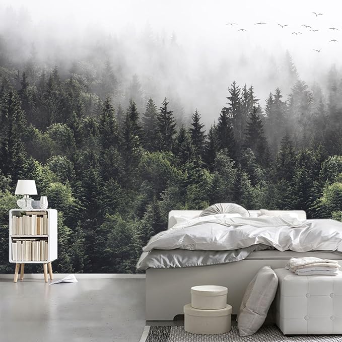 WFBHUA-Misty Forest Self Adhesive Wall Mural Foggy Pine Tree Wallpaper Peel and Stick for Living Room Bedroom 137"x100"