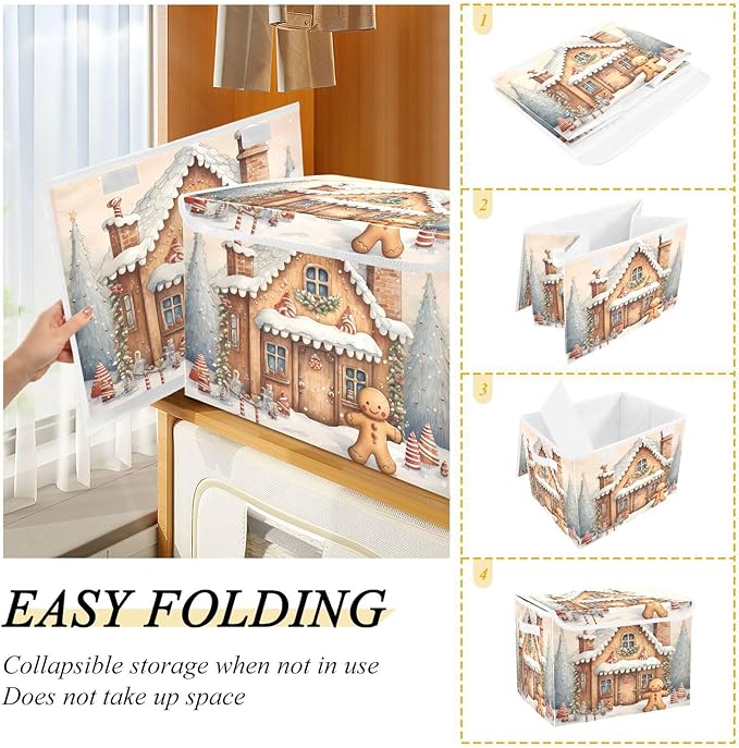 senya Christmas Baskets Collapsible Storage Bins with Lids, Christmas Snow Gingerbread Man Storage Boxes Clothes Baskets for Organizing, B06D22020
