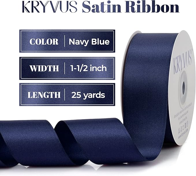 Navy Blue Satin Ribbon, Double Faced 1-1/2 Inch X 25 Yards Navy Blue Ribbon, Premium Satin Ribbon for Gift Wrapping, Crafts, Hair Bow Making, Sewing, Flower Bouquet, Wedding Party Decor