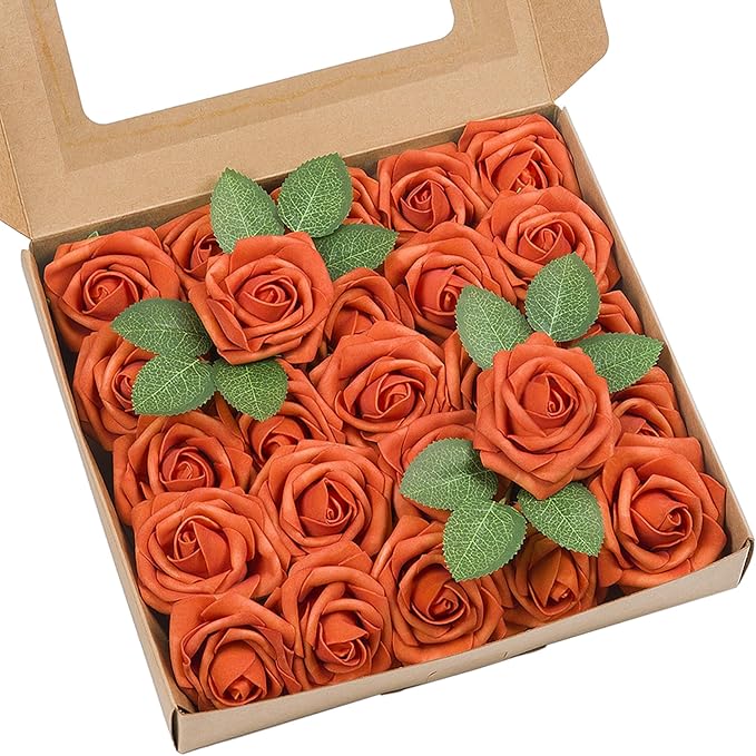 Meldel Artificial Flowers 50pcs Real Looking Burnt Orange Foam Fake Roses with Stems for DIY Wedding Bouquets Bridal Shower Centerpieces Floral Arrangements Home Decorations Crafts