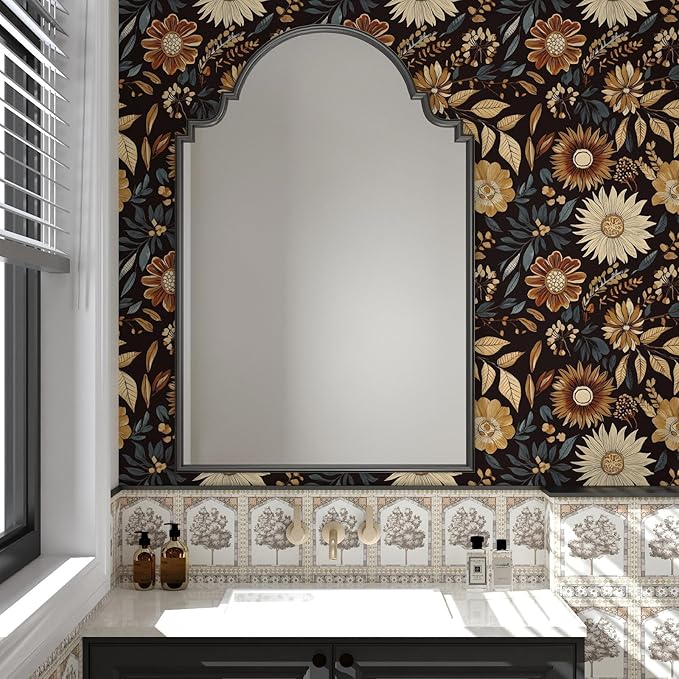 Extra Long Vintage Wallpaper Peel and Stick, 17.5" x 393" Boho Dark Floral Sunflower Contact Paper for Bedroom Cubicle Door, Retro Abstract Removable Antique Wall Paper Art Decor Black Orange