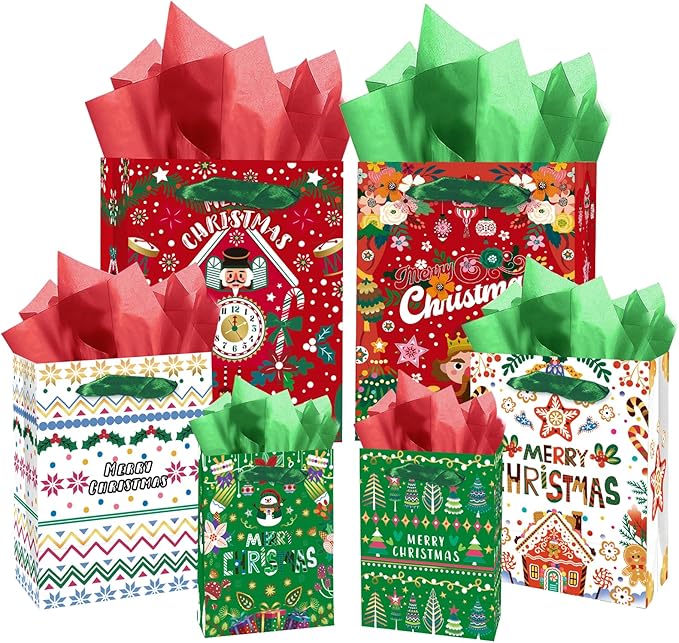 qiqee Christmas Gift Bags Assorted Variety Size Red Green Puppet Design Holiday Tissue Paper Bag Set of 10( 2PCS Large 5.5"x10.2"x13", 4PCS Medium 4.3"x 7.7"x 9.6", 4PCS Small 2.4"x 4.7"x 6.3", 30PCS Tissue Paper)