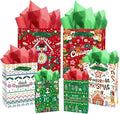 qiqee Christmas Gift Bags Assorted Variety Size Red Green Puppet Design Holiday Tissue Paper Bag Set of 10( 2PCS Large 5.5"x10.2"x13", 4PCS Medium 4.3"x 7.7"x 9.6", 4PCS Small 2.4"x 4.7"x 6.3", 30PCS Tissue Paper)