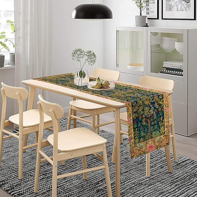 William Morris Table Runner, Boho Rustic Ethnic Tree of Life Flower Original Design Print Table Runner for Home Party Dining Room Kitchen Decor 13x36 Inch