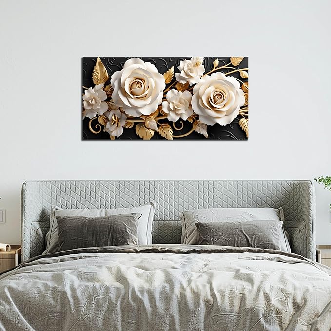 Flower Large Canvas Wall Art for Living Room Bedroom Home Office White and Gold Wall Art Blossom Picture Framed Wall Decor Modern Canvas Prints 20x40 In