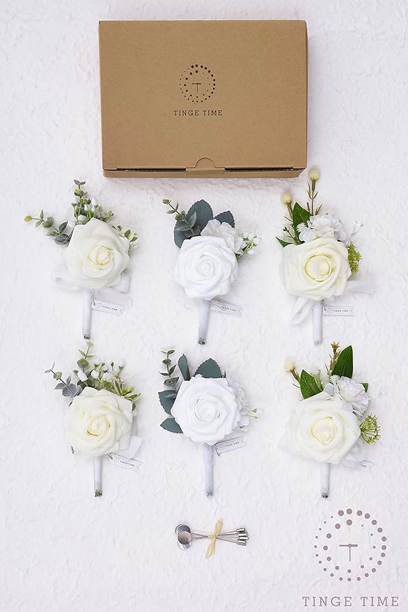 TingeTime Boutonniere for Men Wedding,Groom and Best Man Boutonniere for Wedding Ceremony Anniversary, Formal Dinner Party and Rustic Spring Wedding Marriage (6, Virginal White)