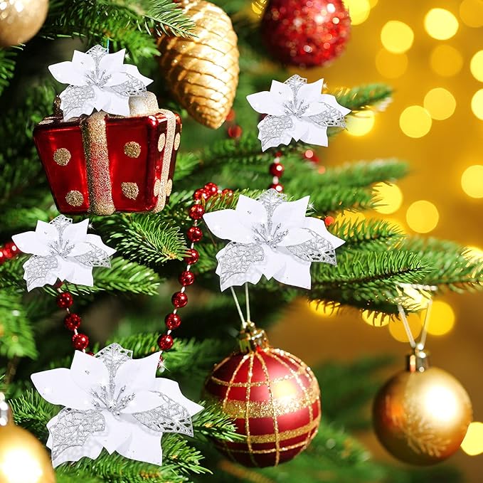 WILLBOND 36 Pieces White Christmas Poinsettia Glitter Faux Flowers Artificial Flowers Tree Ornaments Topper Xmas Decorations