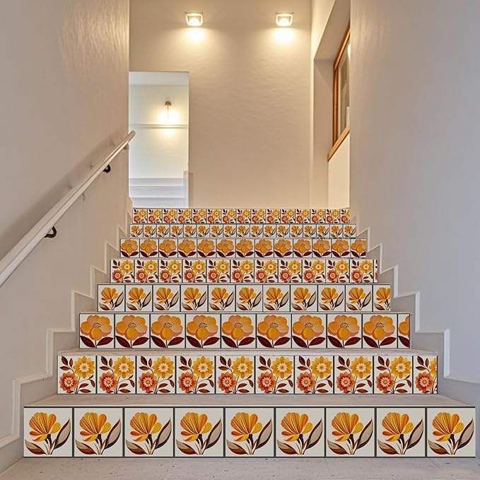 CHGCRAFT 36 Pcs 4 Style Wall Stickers Orange Flowers Peel and Stick Wall Tile Sticker Art Flowers Waterproof Self Adhesive Stick on Tile Decals for Kitchen Bathroom Art Decor, 4×4 Inch