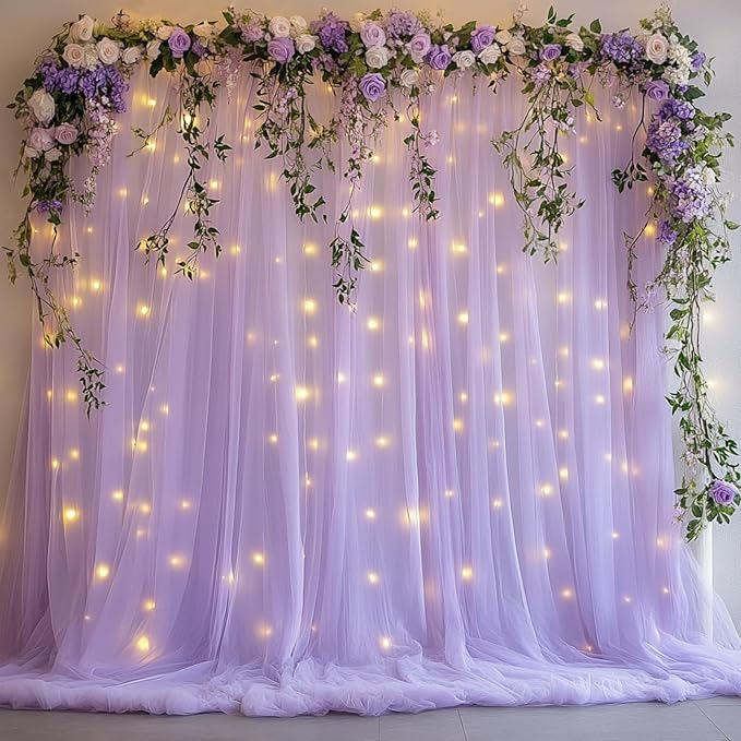Tulle Curtain Backdrop with 300 LED Fairy Lights for Parites Wrinkle-Free Sheer Curtain Drapes Photo Back Drop for Wedding Baby Shower Bridal Shower Birthday Home Décor - 10ft×10ft, Lavender