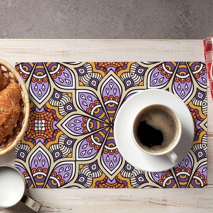 Placemats 4 pcs Mandala Double-Layer Imitation Linen Place Mats Non-Slip Heat-Resistant Tablemats for Home Restaurant Hotel 18×12 Inch