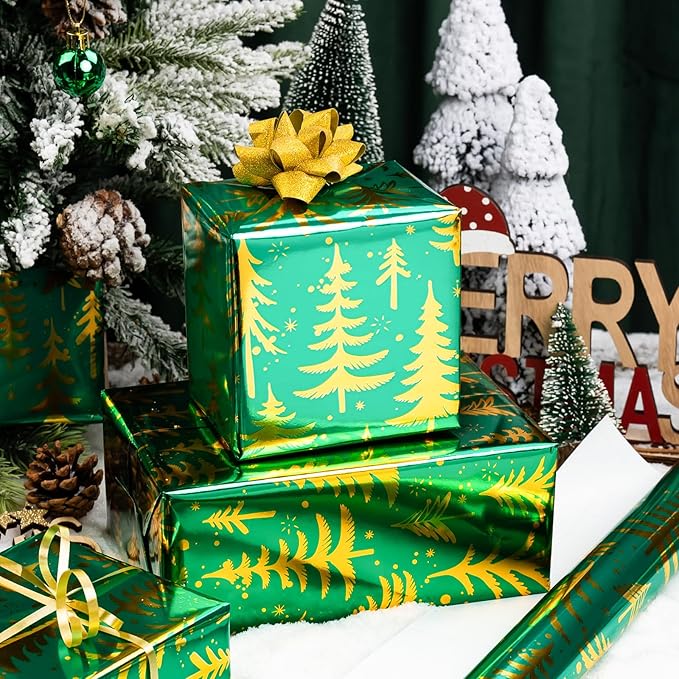 MAYPLUSS Vintage Green Christmas Wrapping Paper Roll - 17 Inch X 33 Feet - Metallic Gold Foil Christmas Tree On Green Flat Wrap Paper Sheet for Holiday, Winter, Party, DIY Crafts & Festive Decoration