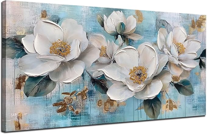 Ardemy Flower Wall Art for Living Room White Floral Canvas Art Wall Decor, Magnolia Teal Picture Textured Large Painting Turquoise Artwork Bedroom Dining Room Kitchen Home Office 48"x24"