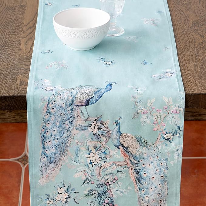 Maison d' Hermine Tablerunners 100% Combed Cotton Premium Table Runner Decorative Table Cover, Kitchen, Parties, Peacock Utopia - Pastel Turquoise, Double Layer - (14.5"x108")