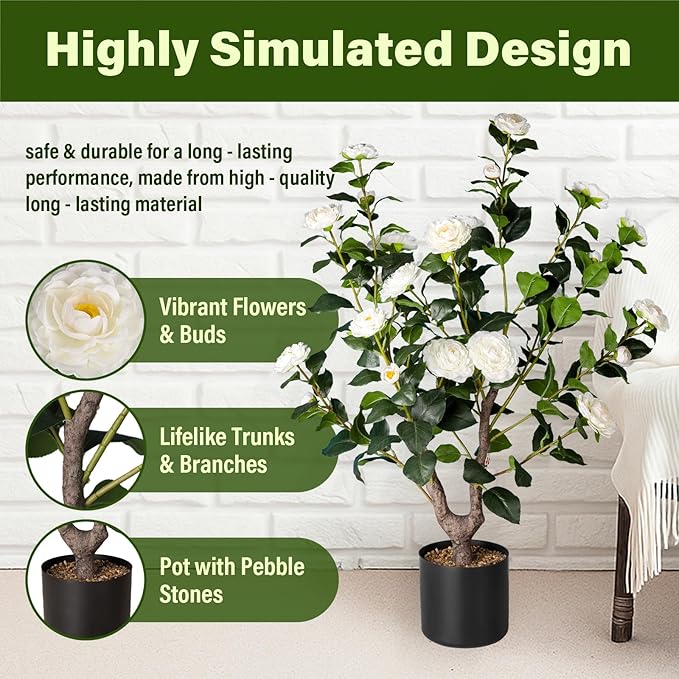 Artificial Camellia Tree,2Pack 3FT Faux White Camellia Plants in Pots,Lifelike Artificial Flower Trees for Indoor Outdoor Home Decor,Realistic Blooming Faux Plants for Bedroom Porch Patio Office
