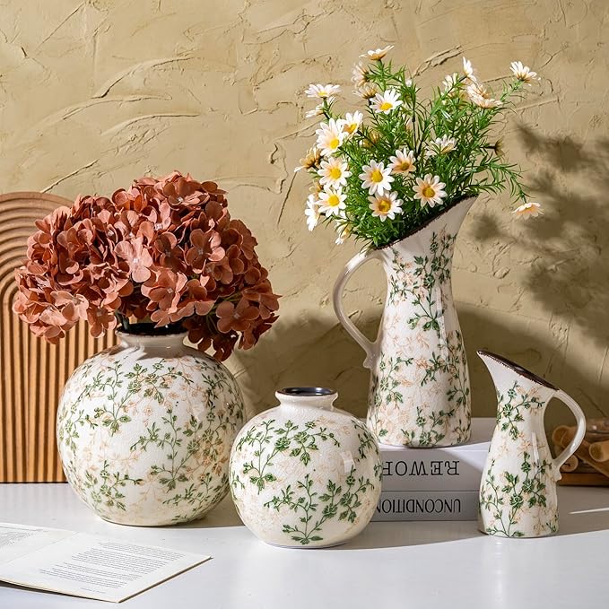 Set of 2 Vases, Green and Beige Pastoral Vintage Vase Set for Flowers, Rustic Farmhouse Decorative Vases for Home Decor, Chinoiserie Floral Vase, Living Room Table Centerpiece