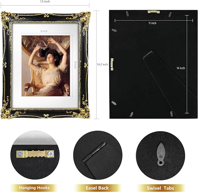 SIMON'S SHOP 11x14 Picture Frame Matted to 8x10 Photo, Vintage Black Picture Frames 11x14 with Mat, Baroque Style Wall and Tabletop Display Poster Frames