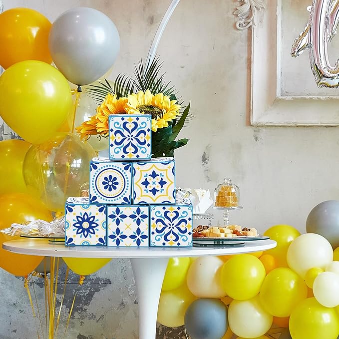 TecUnite 50 Pcs 3x3x3'' Amalfi Coast Party Gift Boxes Amalfi Coast Party Favor Candy Boxes Decorations Small Blue Yellow Paper Packaging Bags for Wedding Birthday Baby Shower Supplies