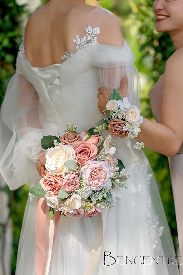 Dusty Rose Corsages for Wedding(Set of 6),Corsages for Prom,Party Prom Hand Flower Decor,Mother of The Bride Corsage,Bridesmaid Wrist Corsage