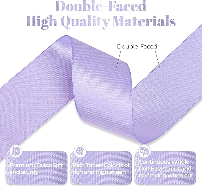 Lavender Satin Ribbon, Double Faced 1-1/2 Inch X 50 Yards Lavender Ribbon, Premium Satin Ribbon for Gift Wrapping, Crafts, Hair Bow Making, Sewing, Flower Bouquet, Wedding Party Decor
