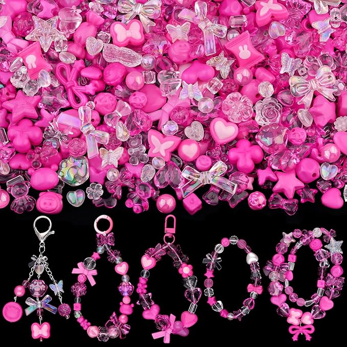 Assorted 200-260PCS Rose Pink Acrylic Beads for Bracelet Making, Flower Bow GummyBear Bracelet Charms,Cute Beads for Jewelry Making DIY Necklace Keychain Phone Charm Christmas Gift