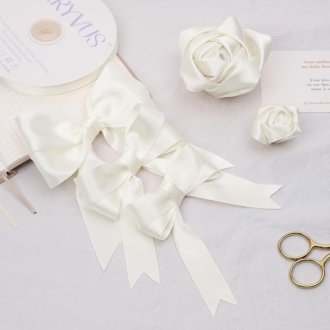 Antique White Satin Ribbon, Double Faced 1-1/2 Inch X 25 Yards Antique White Ribbon, Premium Satin Ribbon for Gift Wrapping, Crafts, Hair Bow Making, Sewing, Flower Bouquet, Wedding Party Decor