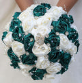 Bridal Wedding Bouquet Round Bling Brooch Bouquet Throw Toss Artificial Rose Flower Bunch for Bride Bridesmaid Wedding Quinceanera(Dark Green & Ivory, 9.8")
