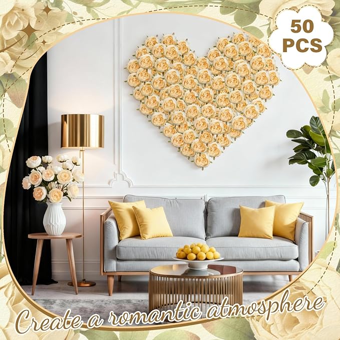 50 Pcs Artificial Peony Flower Bulk 3.5 Inch Silk Peony Flowers Heads with Stems Realistic Fake Roses for DIY Wedding Party Craft Bridal Bouquets Table Centerpieces Vase Home Decor(Champagne)