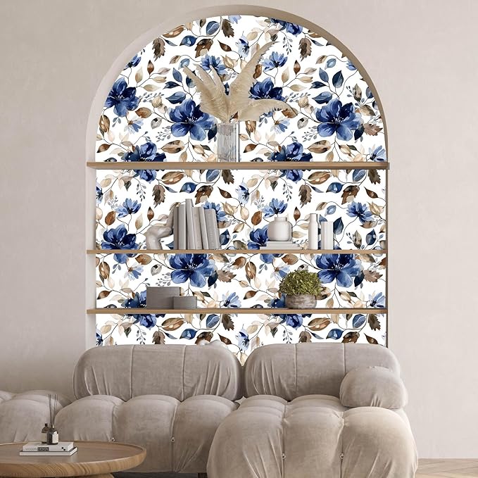Blue Floral Peel and Stick Wallpaper Modern Contact Paper Waterproof Botanical Flower Removable Self Adhesive Wallpaper for Bathroom Bedroom Living Room Cabinets 17.7"x70.7"