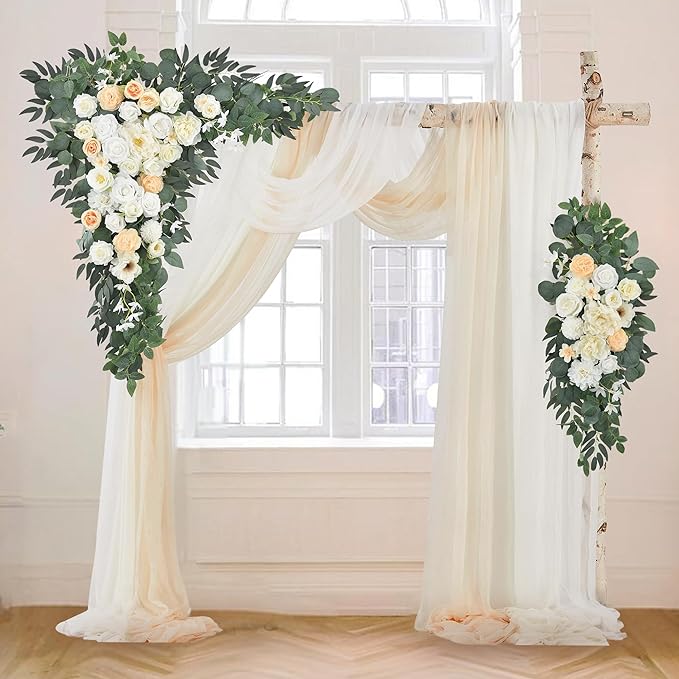 Artificial Wedding Arch Flowers Kit Pack of 5,2pcs Floral Swag Arrangement and 3pcs Fabric Drap for Wedding Ceremony Reception and Backdrop (Champagne and White)