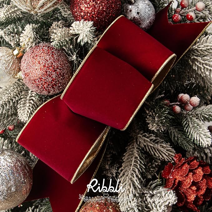 Ribbli Dark Red Velvet Wired Ribbon 4 Inch Luxury Matte Velvet Christmas Ribbon for Gift Wrapping Christmas Tree Decoration Crafts Wreaths Supplies - 10 Yards