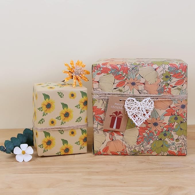 Aimyoo Kraft Floral Wrapping Paper Roll - Mini Roll - 17 Inch x 32.8 Feet - All Occasion Vintage Flower Gift Wrap Paper for Mother's Day Wedding Birthday Bridal Shower